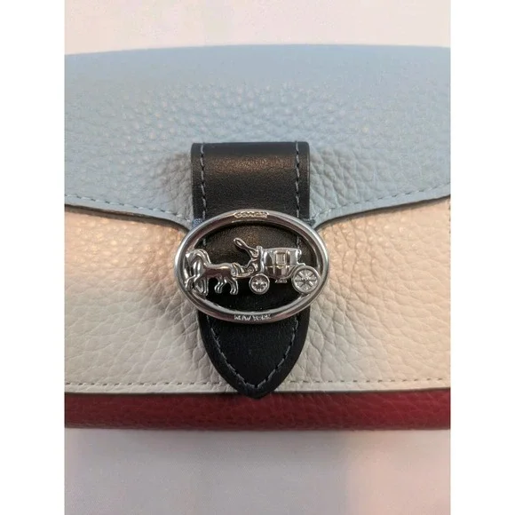 Coach Georgie Small Wallet Color Blocked Powder Blue Burgundy Chalk Black Pebble - Picture 2 of 8